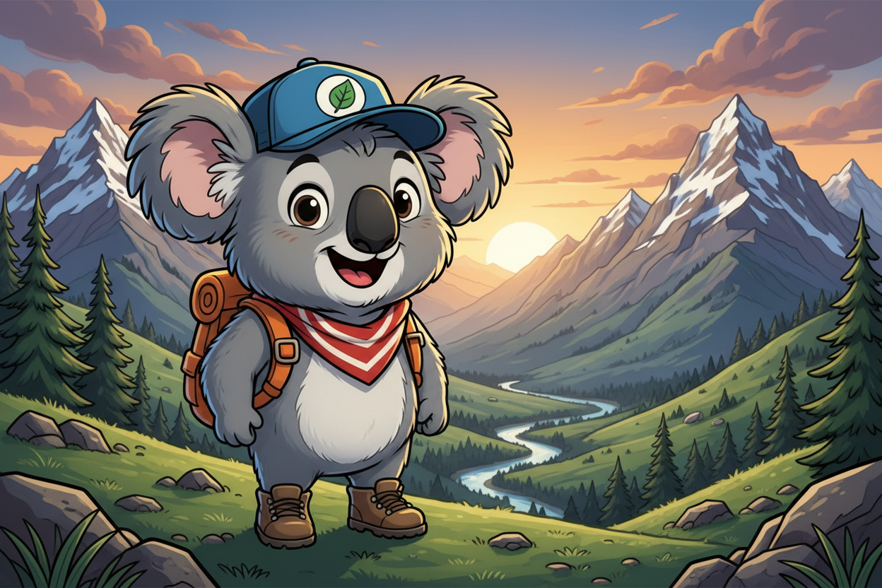 i want this animated koala to be looking into some mountains. i also want the koala to have some outdoor gear on him